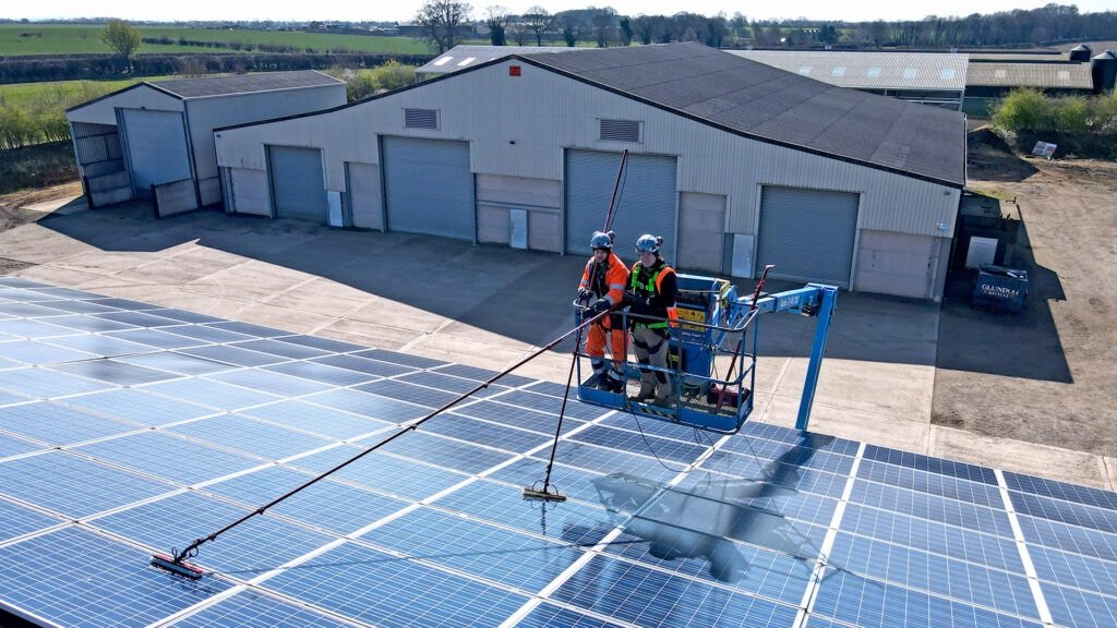 Commercial solar panel cleaning large array boom truck Bay Area